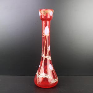 Art Nouveau large red glass enamel painted vase by Francois Theodore Legras.