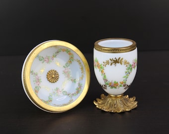 Antique Victorian two piece floral opaline glass bronze vanity pots