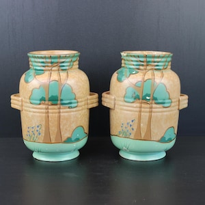 Art Deco pair of floral pottery vases. Minerva England.