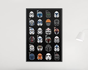 Star Wars Helmets Poster | Star Wars Art Prints | Mandalorian Captain Rex Bo Katan Boba Fett Bad Batch | Star Wars Gifts | Decor | DopeyArt