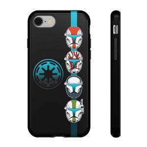 May include: Black iPhone case with a blue stripe down the center. The case features a white symbol of the Galactic Empire and four white helmets with different colored markings.