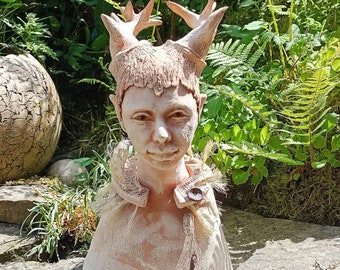 Bust Ceramic Sculpture Natural Being Antler Garden Figurine - Unique