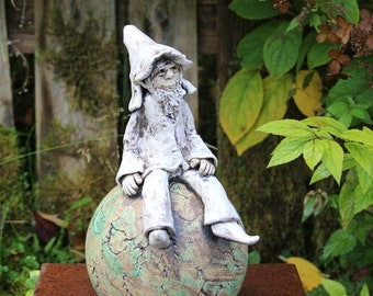 Gnome on ball magician garden figure ceramic figure garden decoration unique