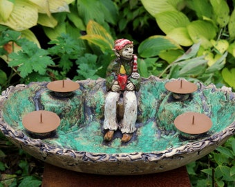 Large candle bowl gnome elf, oval ceramic bowl large - unique ceramic