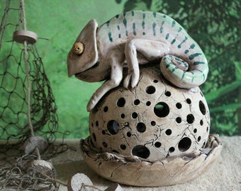 Boule de lumière avec caméléon, lanterne bougeoir boule de lumière - unique