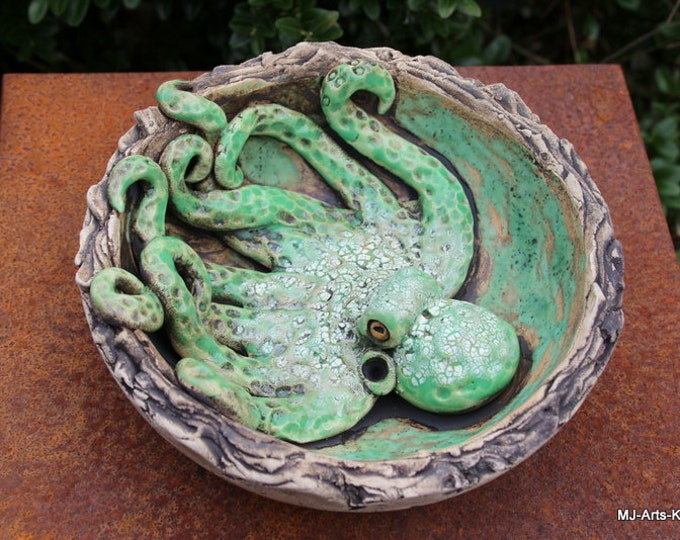 Keramik Vogeltränke / Insektentränke "Oktopus" Ø 17 cm, Unikat Insektentränke Gartendeko