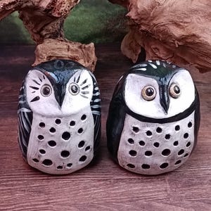 Könnte beinhalten: Zwei handgefertigte Eulenfiguren. Jede Eule ist in einem Schwarz-, Weiß- und Grauschema bemalt. Die Eulen haben große, runde Augen und eine Reihe kreisförmiger Aussparungen auf dem Bauch. Der Hintergrund zeigt Holz und Grün.