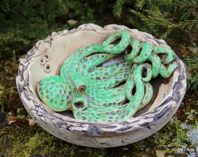 Keramik Vogeltränke / Insektentränke "Oktopus" Ø 17 cm, Unikat Insektentränke Gartendeko