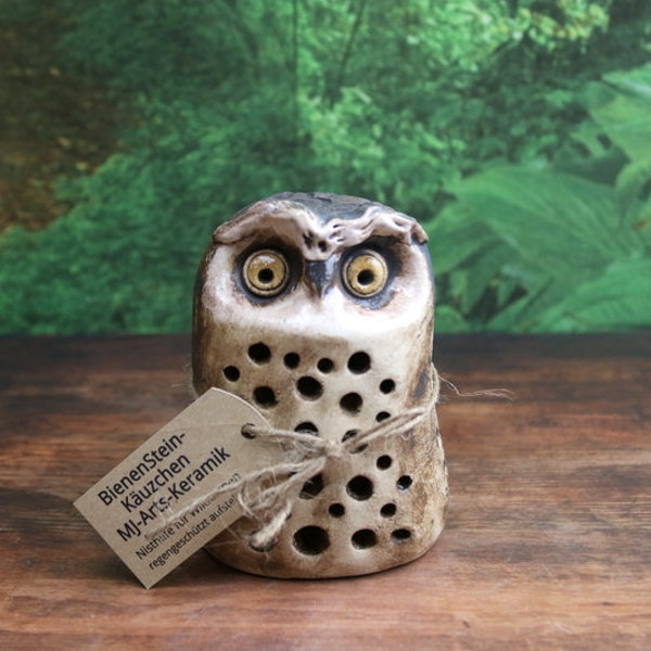 Bee Stone Owl 10.5 cm, Insect Hotel Bee Hotel Ceramic Owl Gift Garden – Unique