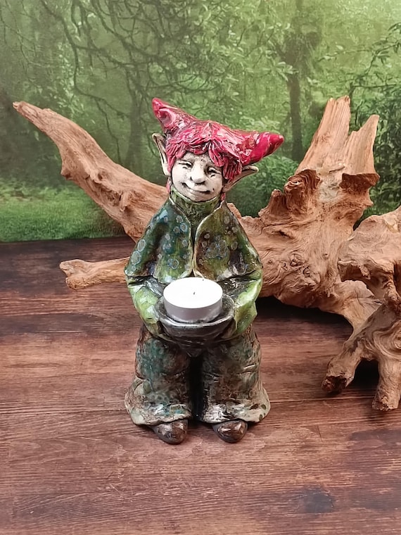 Lichtwächter Elfe – Keramikfigur 24 cm, Handarbeit Teelichthalter Gartendeko Gartenkeramik