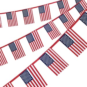 May include: A red, white, and blue bunting with American flags. The bunting is made of red string and has 12 flags.