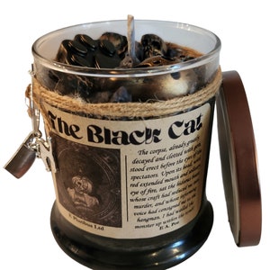 THE BLACK CAT Candle, Edgar Allan Poe, Gothic, Literary, Clean Soy Candle w/ Drink Charm (& Wax Cat Paw, Skulls, Scream Face) Goth, Macabre