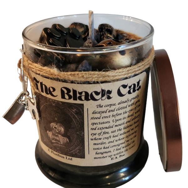THE BLACK CAT Candle, Edgar Allan Poe, Gothic, Literary, Clean Soy Candle w/ Drink Charm (& Wax Cat Paw, Skulls, Scream Face) Goth, Macabre