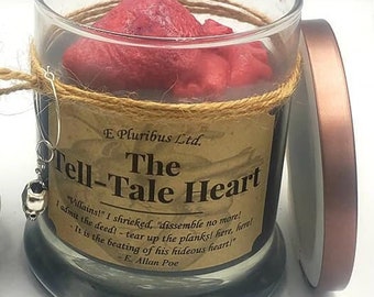 Tell Tale Heart, Gothic, Halloween, Valentine, Edgar Allan Poe, Soy Candle w/ Drink Charm (& Human Wax Heart), Macabre