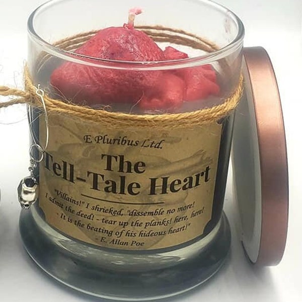 Tell Tale Heart, Gothic, Halloween, Valentine, Edgar Allan Poe, Soy Candle w/ Drink Charm (& Human Wax Heart), Macabre