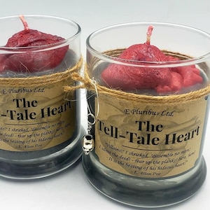 Edgar Allan Poe Tell Tale Heart Artisan Soy Candle, Best Valentine Gift, Gothic with Bonus Drink-Jewelry Charm, Human Wax Heart, Macabre