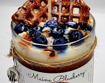 Maine Blueberry Waffles Delicious  Candle, Realistic Waffles, Blueberries, Syrup + Bonus Foodie Themed Charm, Best Breakfast Lover Gift