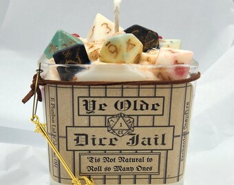 DND Dungeons and Dragons, Dice Jail, Bonus Sword For Jewelry or Drink Charm, Artisan Soy & Beeswax Candle 12 oz