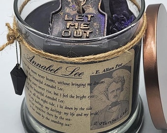 Annabel Lee Candle, Edgar Allan Poe, Gothic, Best Valentine, Clean Soy Candle w/ Drink Charm (& Wax Tomb Stone, Goth Plants) Goth, Macabre
