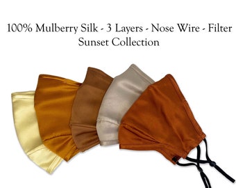 Triple Layer Silk Face Mask with Insert Pocket - Jewel Collection, with PM 2.5 Filter and Nose Wire, 100% Silk, Washable and Reusable