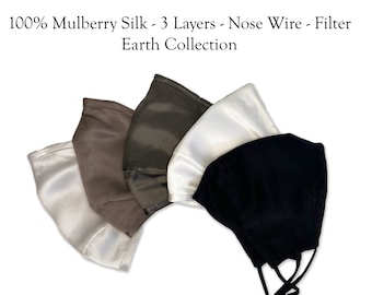 Triple Layer Silk Face Mask with Insert Pocket - Earth Collection, with PM 2.5 Filter and Nose Wire, 100% Silk, Washable and Reusable