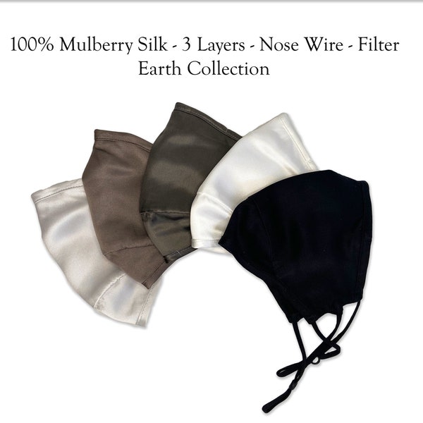 Triple Layer Silk Face Mask with Insert Pocket - Earth Collection, with PM 2.5 Filter and Nose Wire, 100% Silk, Washable and Reusable