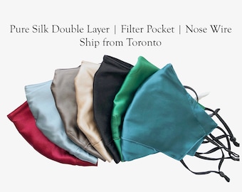 Extra Large Double Layer Silk Face Mask with Insert Pocket, PM 2.5 Filter and Nose Wire, 100% Silk, Washable and Reusable