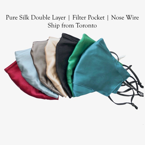 Extra Large Double Layer Silk Face Mask with Insert Pocket, PM 2.5 Filter and Nose Wire, 100% Silk, Washable and Reusable