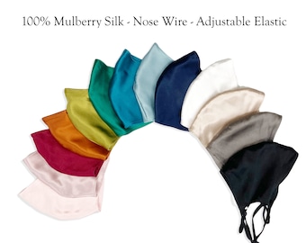 Double Layer 100% Mulberry Silk Face Mask with Nose Wire and Adjusting Button, Washable and Reusable