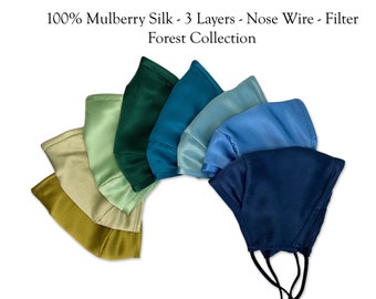 Triple Layer Silk Face Mask with Insert Pocket - Forest Collection, with PM 2.5 Filter and Nose Wire, 100% Silk, Washable and Reusable