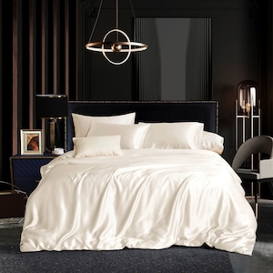 Ivory Pure Mulberry Silk Seamless Flat Sheet, Fitted Sheet, Duvet | Full, Queen, King, California King & Sets | 22 Momme | Float Collection