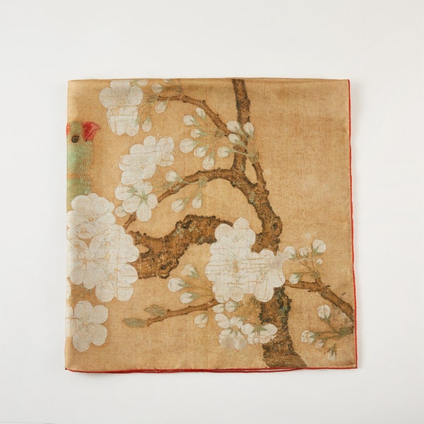 Parrot and Insect among Pear Blossoms by Huang Jucai | Ink and Colour Painting | Large Square Pure Mulberry Silk Wrap | Head Scarf