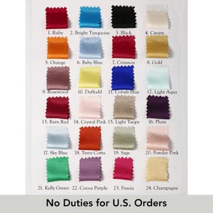 May include: A color swatch chart featuring 24 fabric samples in various colors, including Ruby, Bright Turquoise, Black, Cream, Orange, Baby Blue, Crimson, Gold, Rosewood, Daffodil, Cobalt Blue, and Light Aqua. The text "No Duties for U.S. Orders" is at the bottom.