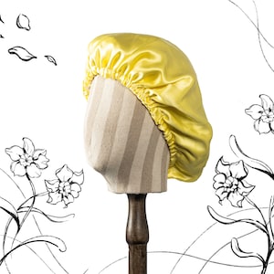 Pure Mulberry Silk Hair Bonnet Daffodil | Double Layer Reversible with Silk Lining | Adjustable Elastic | Lemon Yellow Night Bonnet Gift