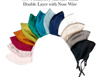 Double Layer 100% Mulberry Silk Face Mask with Nose Wire and Adjusting Button, Washable and Reusable