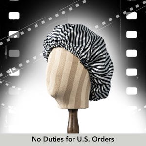 Haarmuts van pure moerbeizijde, Film Noir | Dubbellaagse omkeerbare zijden voering | Verstelbaar elastiek | Cadeau zwarte strepen nachtmuts