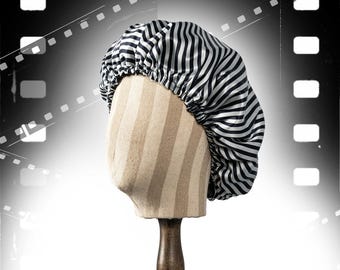 Pure Mulberry Silk Hair Bonnet Film Noir | Double Layer Reversible Silk Lining | Adjustable Elastic | Black Stripes Night Bonnet Gift