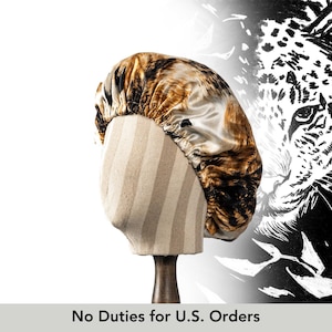 Haarmuts van pure moerbeizijde luipaard | Dubbellaags omkeerbaar met zijden voering | Verstelbaar elastiek | Cadeau nachtmuts dierenprint