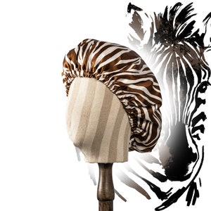 Pure Mulberry Silk Hair Bonnet Zebra | Double Layer Reversible with Silk Lining | Adjustable Elastic | Animal Print Night Bonnet Gift