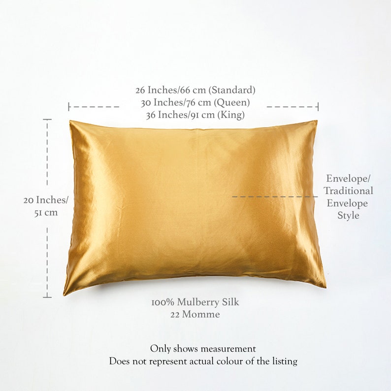 May include: A gold silk pillowcase with a 20 inch by 26 inch measurement. The pillowcase is made of 100% mulberry silk with a 22 momme weight. The text "Envelope/Traditional Envelope Style" is visible in the image.
