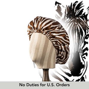 Reine Maulbeerseide Hair Bonnet Zebra | Double Layer Reversible mit Seidenfutter | Verstellbar Elastisch | Tier Print Night Bonnet Geschenk