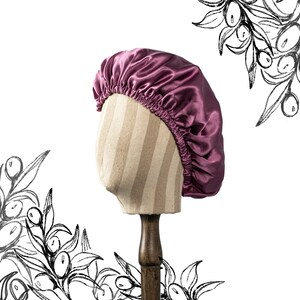 Pure Mulberry Silk Hair Bonnet Fig Tree | Double Layer Reversible with Silk Lining | Adjustable Elastic | Purple and Green Night Bonnet Gift
