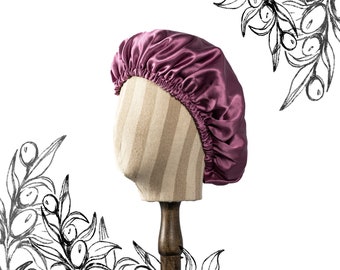 Pure Mulberry Silk Hair Bonnet Fig Tree | Double Layer Reversible with Silk Lining | Adjustable Elastic | Purple and Green Night Bonnet Gift