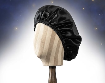 Pure Mulberry Silk Hair Bonnet Dark Night | Double Layer Reversible with Silk Lining | Adjustable Elastic | Black Night Bonnet Gift