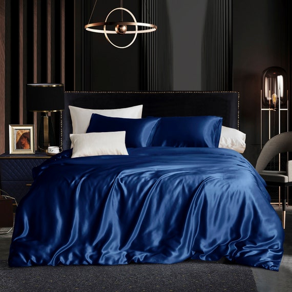 Navy Pure Mulberry Silk Seamless Flat Sheet, Fitted Sheet and