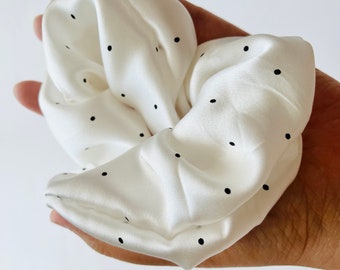 Pure Mulberry Silk French Scrunchie | Age of Innocence | Tiny Black Polka Dots on White Silk | 2 inch | 19 Momme | Brush Collection