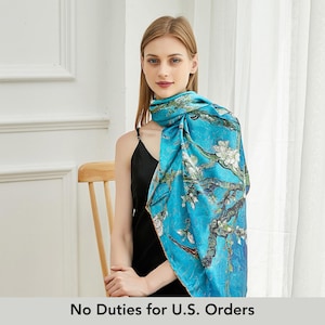 Almond Blossoms by Van Gogh Handmade Oil Painting Extra Large Square Silk Scarf / Small Square Silk Scarf