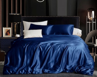Navy Pure Mulberry Silk Seamless Flat Sheet, Fitted Sheet and Duvet | Full, Queen, King, California King & Set | 22 Momme | Float Collection