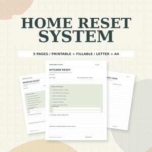 Könnte beinhalten: Ein digitaler Haushaltsorganisationsplaner mit dem Titel Home Reset System, bestehend aus fünf druckbaren und ausfüllbaren Seiten in Letter- und A4-Größe. Das Dokument enthält Checklisten für die Küchen- und Schlafzimmerreinigung.