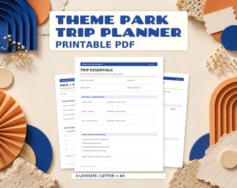 Theme Park Trip Planner Printable PDF | 4-Page Trip, Packing and Budget Notes Kit | Letter + A4, Color + B&W